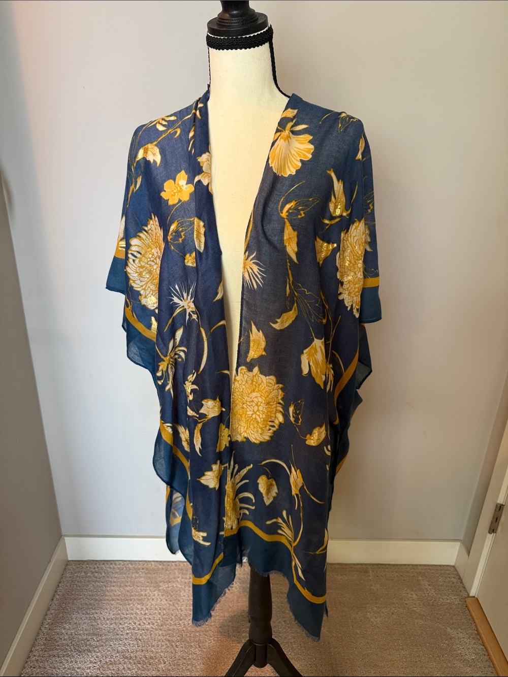Woven Heart Navy and Gold Floral Sheer Kimono Cover